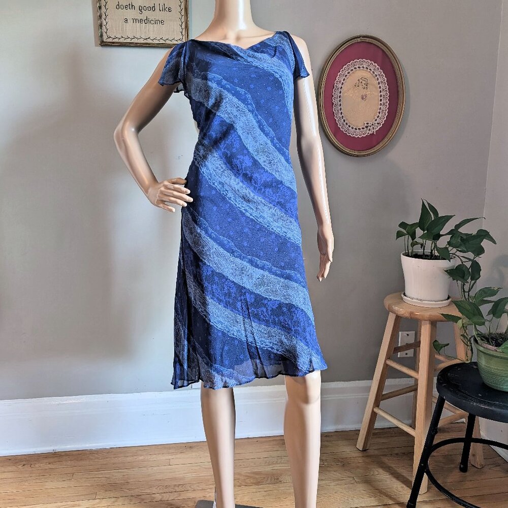 Vintage 1990s Express Silk Midi Dress Floral Cowl Lace Print Flutter Size 5/6